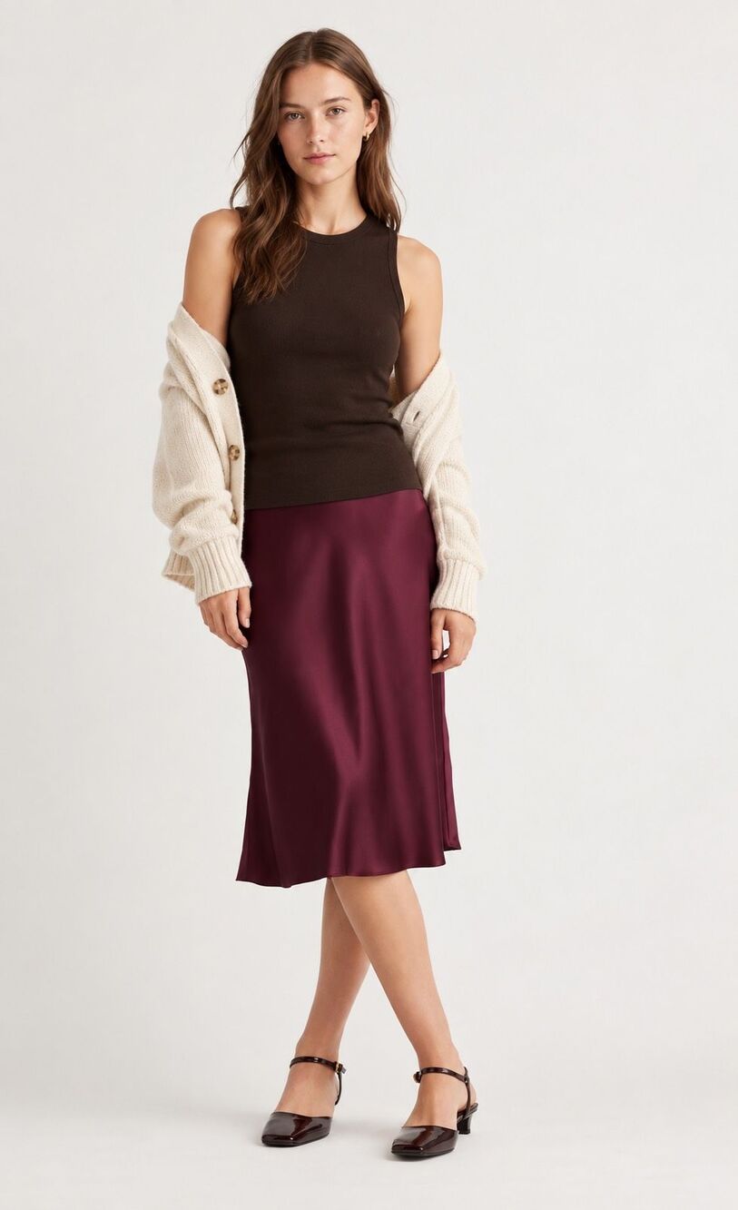 QUINCE 100% Washable Silk Skirt- wine red, pull on minimalist, $218 XS